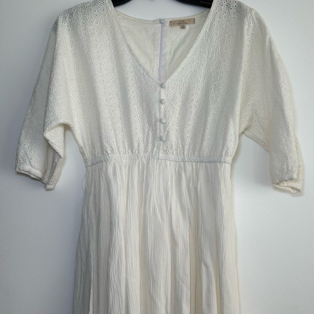 Cream, white dress.